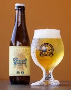 Bottle of Fonio Belgian-Style Blonde Ale with a full tulip glass