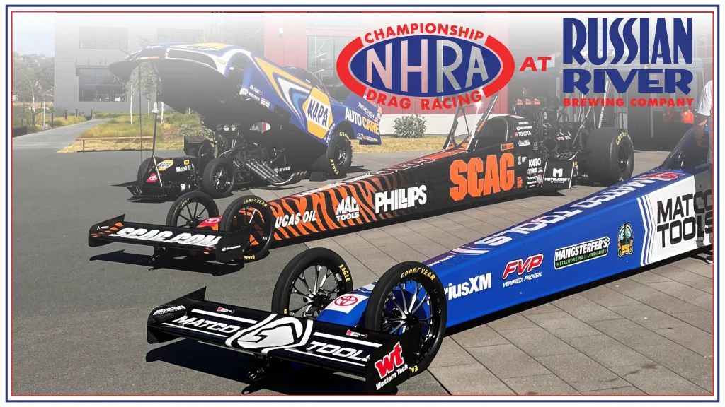 NHRA and Russian River Logos over a picture of drag racing cars in front of the Windsor Brewery