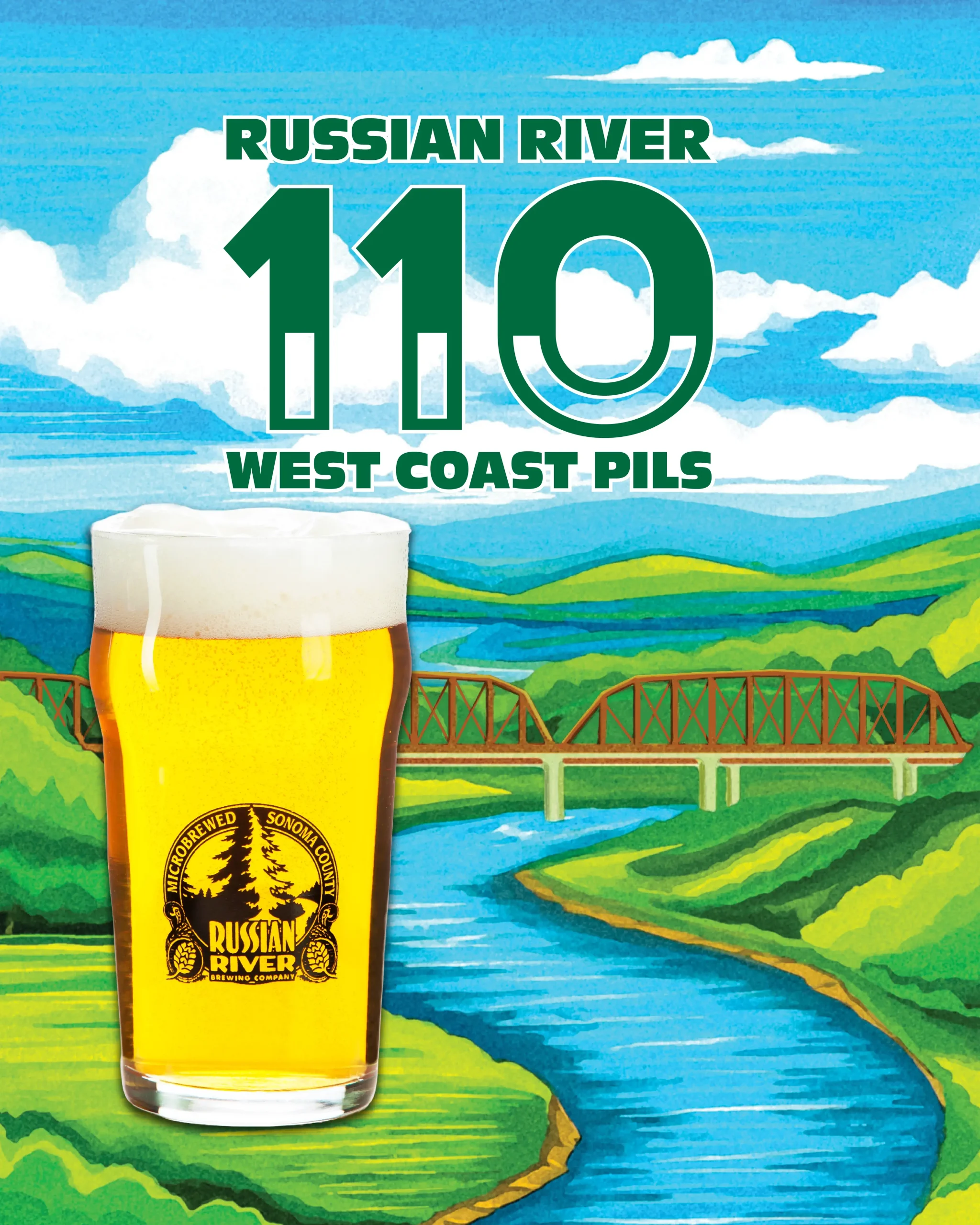 A glass of Russian River 110 West Coast Pils in front of the label art depicting the russian river and a bridge.