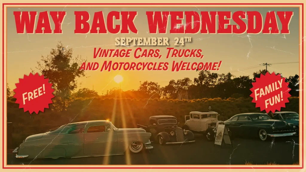 Event poster for Way Back Wednesday on September 24, featuring vintage cars at sunset. Text says 'Vintage Cars, Trucks, and Motorcycles Welcome!' with notes 'Free!' and 'Family Fun!'