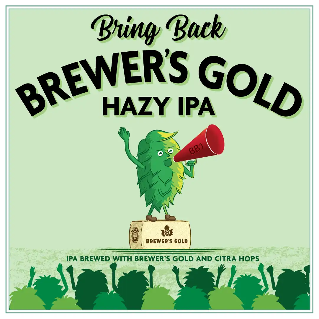 Bring Back Brewer's Gold Logo of humanoid hops at a rally with a hop on a stack of hop bags speaking to the crowd through a bullhorn.