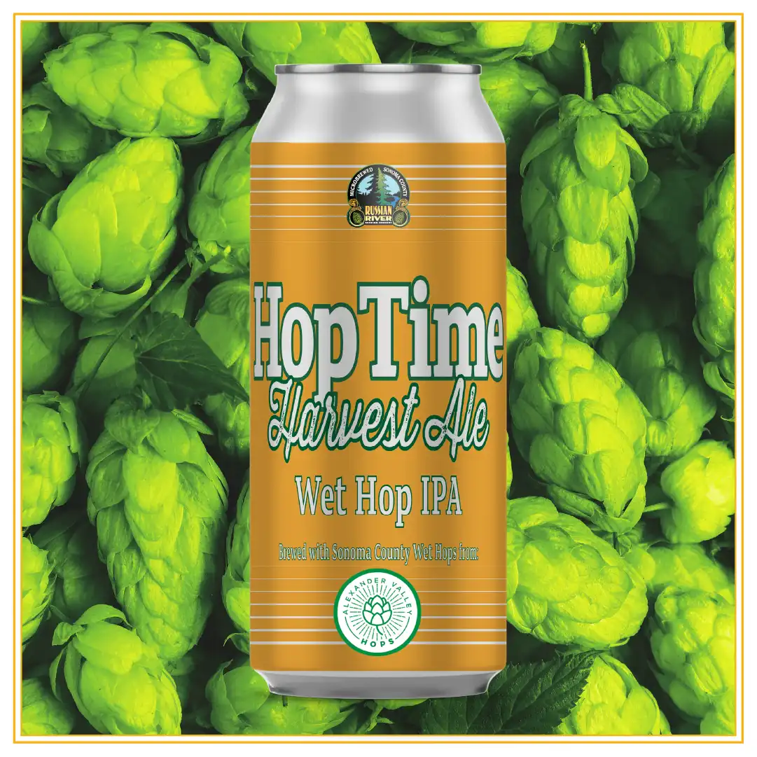 Can of HopTime Harvest Ale with Background of Hops